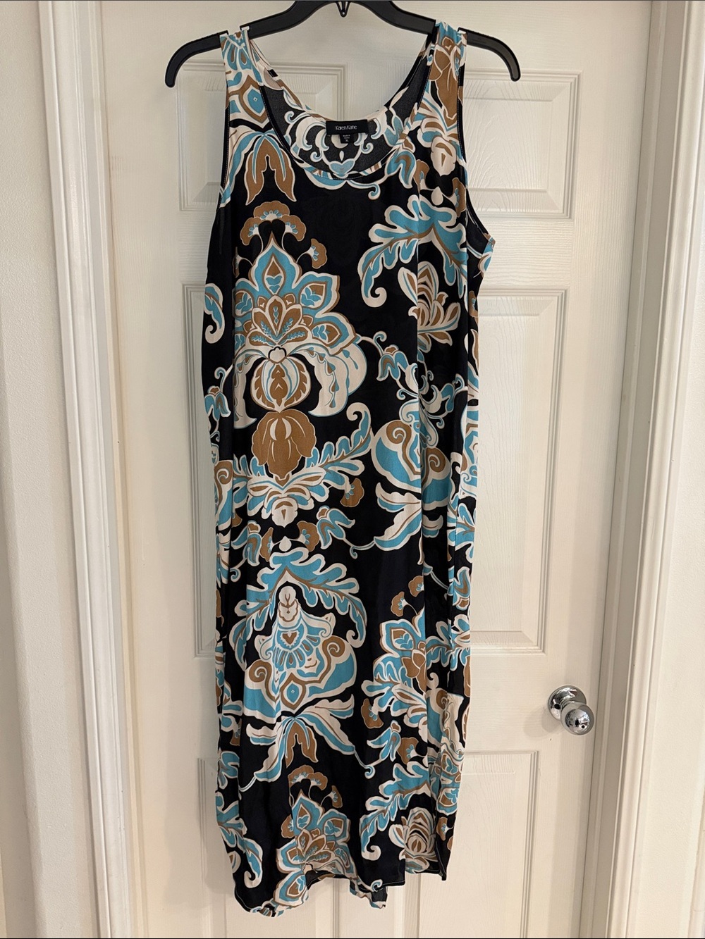 Karen Kane Black Midi Dress with Teal, White & Brown Scroll Print